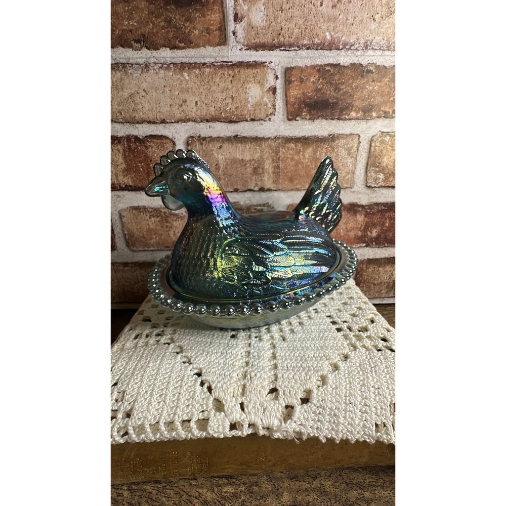 Vintage Indiana Glass Iridescent Blue Carnival Glass Hen on Nest 7"